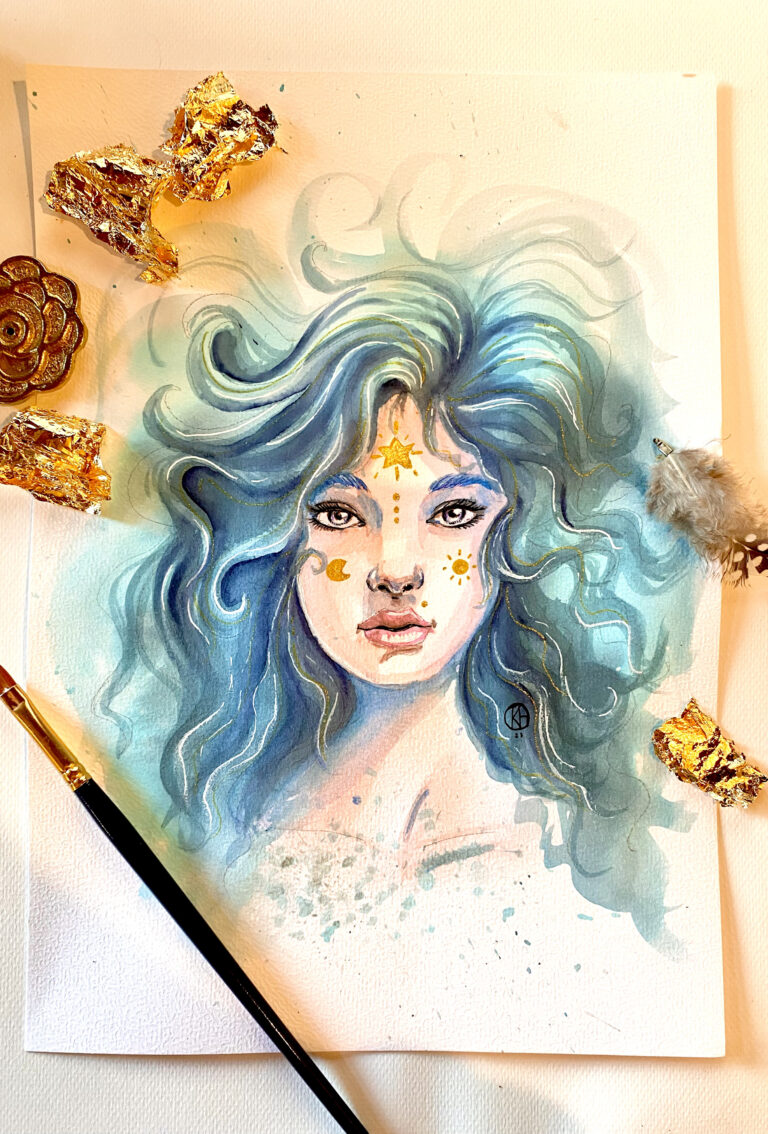 Illustration aquarelle et feutre d'une jeune femme aux cheveux bleus